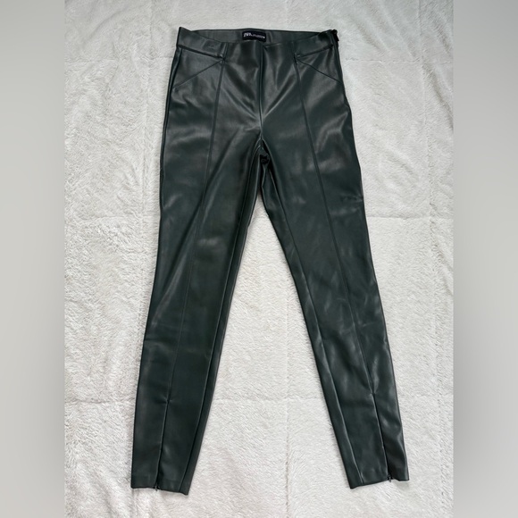 Zara Faux Leather Dark Green women’s Flat Front Pants Size Medium - Picture 1 of 7